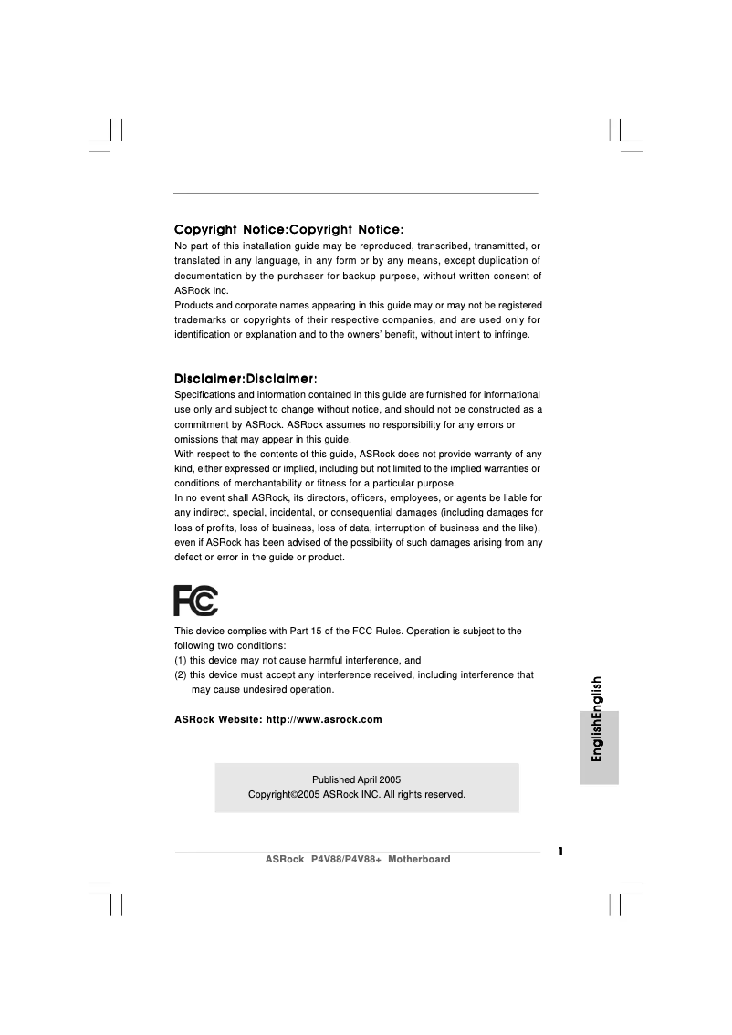 Page n°1 - Manuel utilisateur Asrock P4V88+