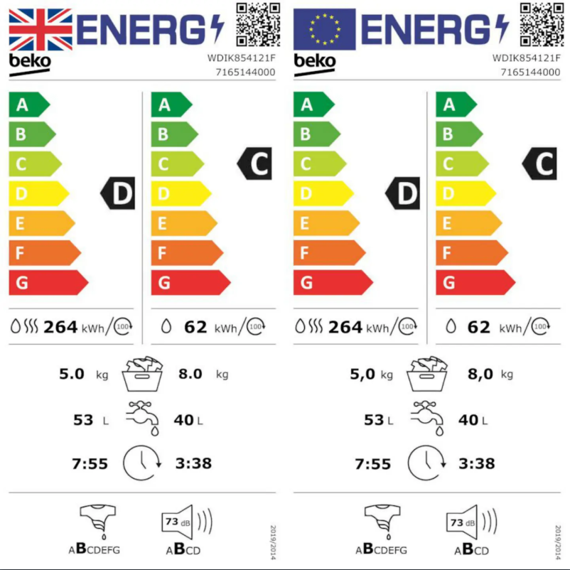 Page 1 de la notice Label énergétique Beko WDIK854121F