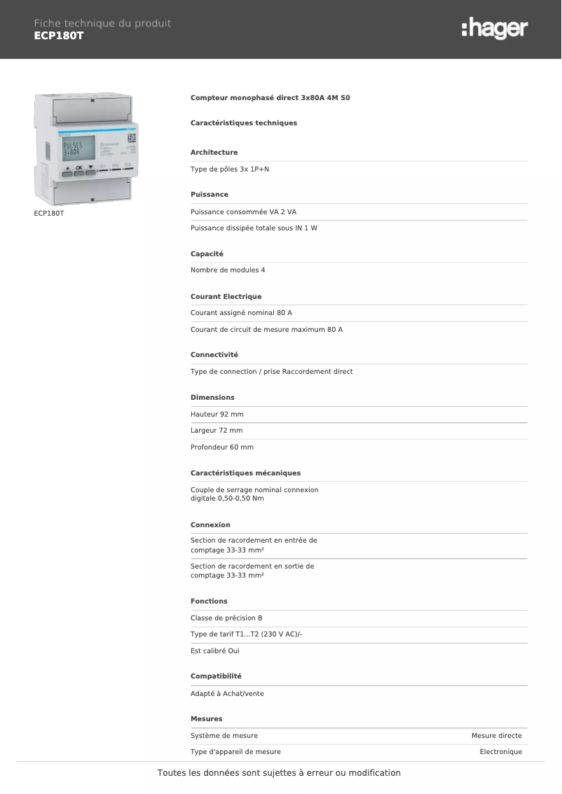 Page 1 de la notice Fiche technique Hager ECP180T
