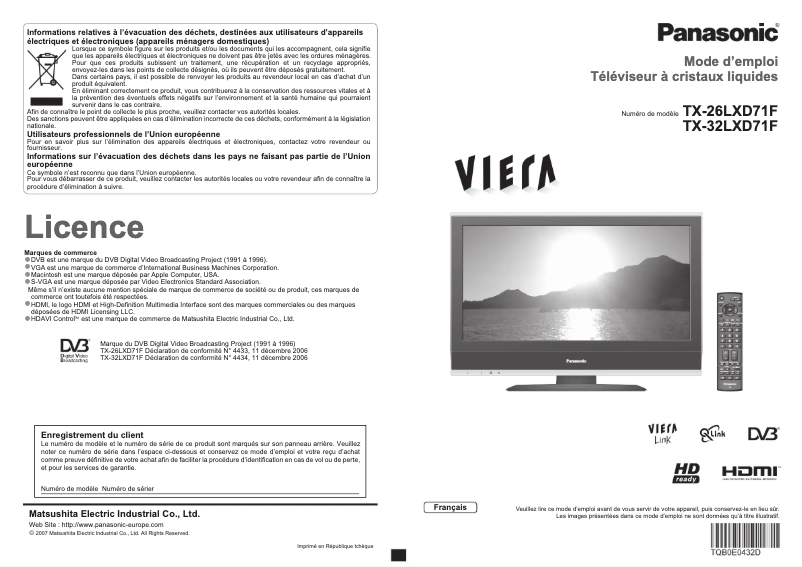 Image de la première page du manuel de l'appareil Viera TX-32LXD71F