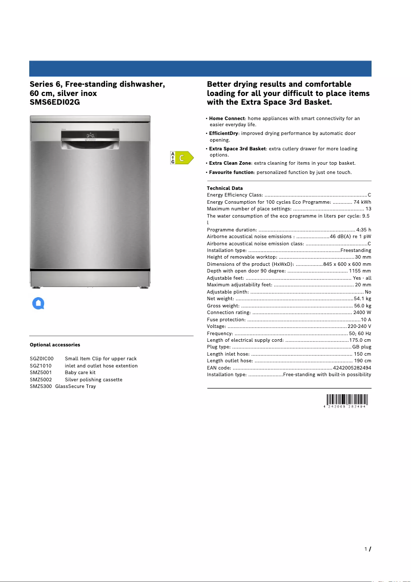 Image de la première page du manuel de l'appareil SMS6EDI02G