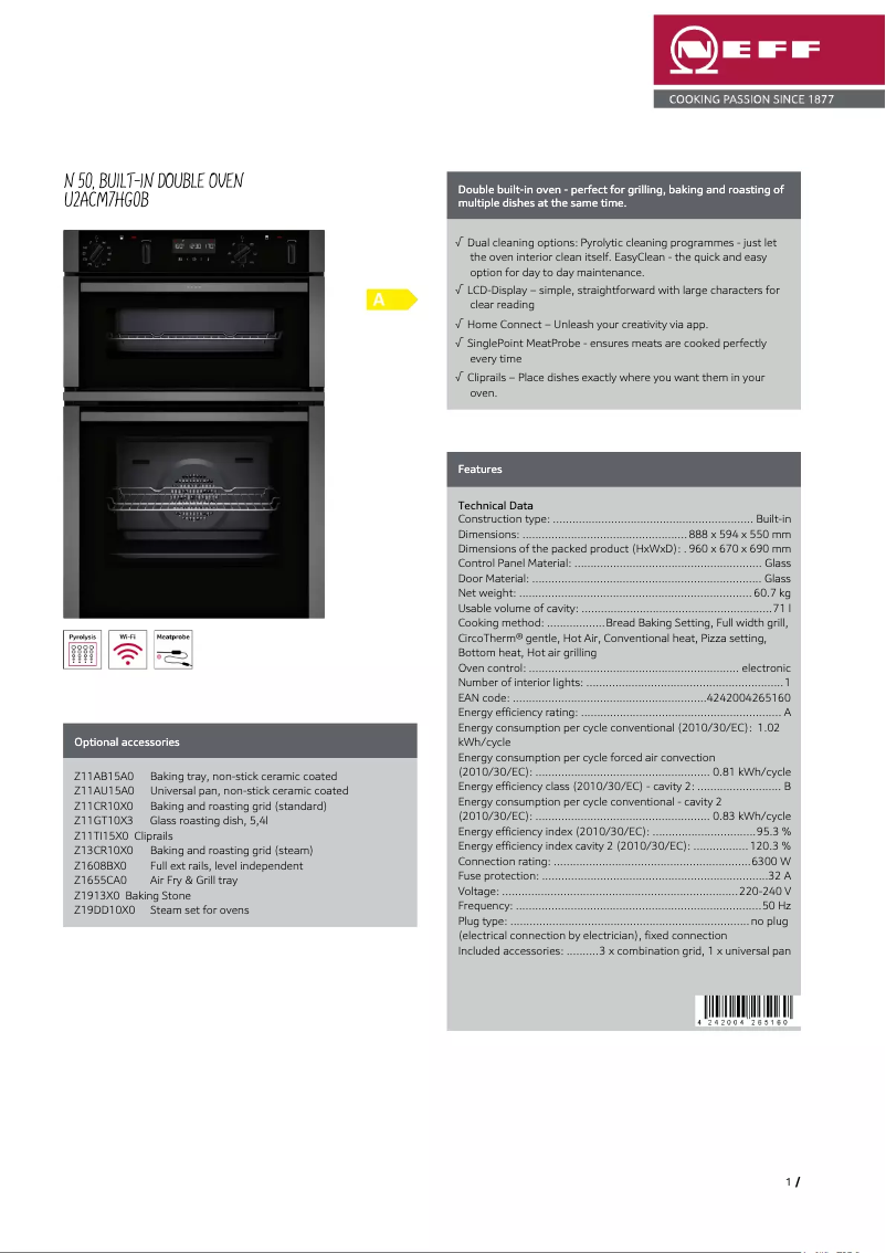 Page 1 de la notice Fiche technique Neff U2ACM7HG0B