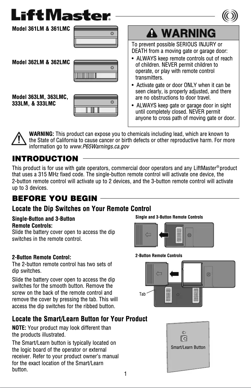 Page 1 de la notice Manuel utilisateur LiftMaster 363LM