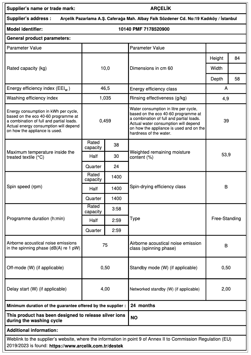 Page n°1 - Fiche technique Arçelik 10140 PMF