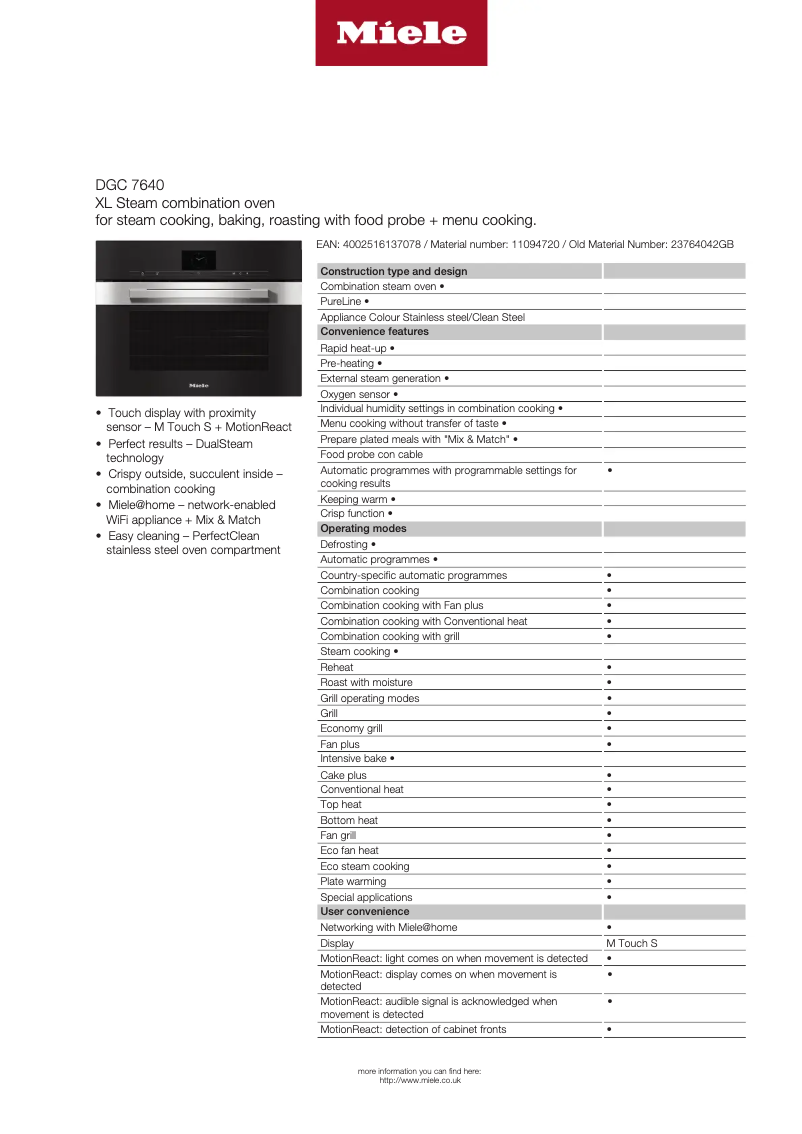 Page n°1 - Fiche technique Miele DGC 7640
