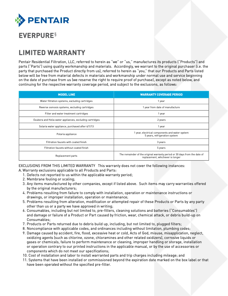 Page n°1 - Informations de garantie Everpure H-300