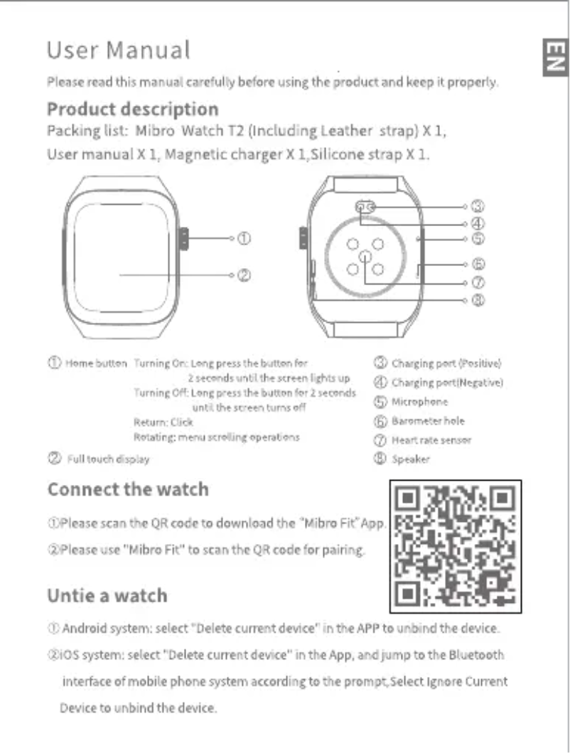 Image de la première page du manuel de l'appareil Watch T2