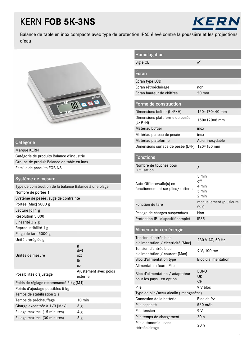 Page 1 de la notice Fiche technique Kern FOB 5K-3NS