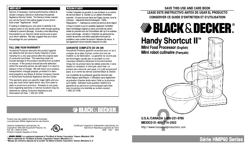 Page 1 de la notice Manuel utilisateur Black & Decker HMP60