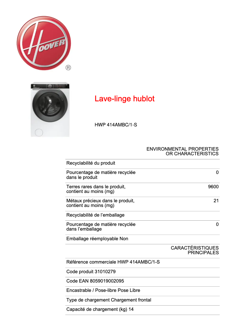 Page n°1 - Fiche technique Hoover H-WASH 500 HWP 414AMBC/1-S
