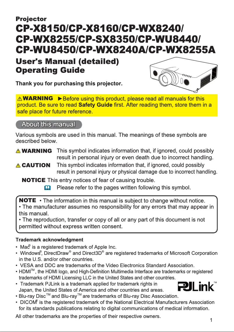 Page 1 de la notice Manuel utilisateur Hitachi CP-WX8255A