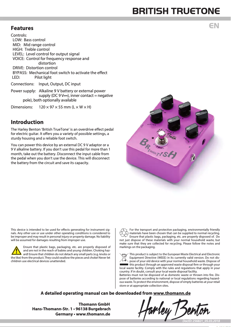 Page 1 de la notice Fiche technique Harley Benton British TrueTone
