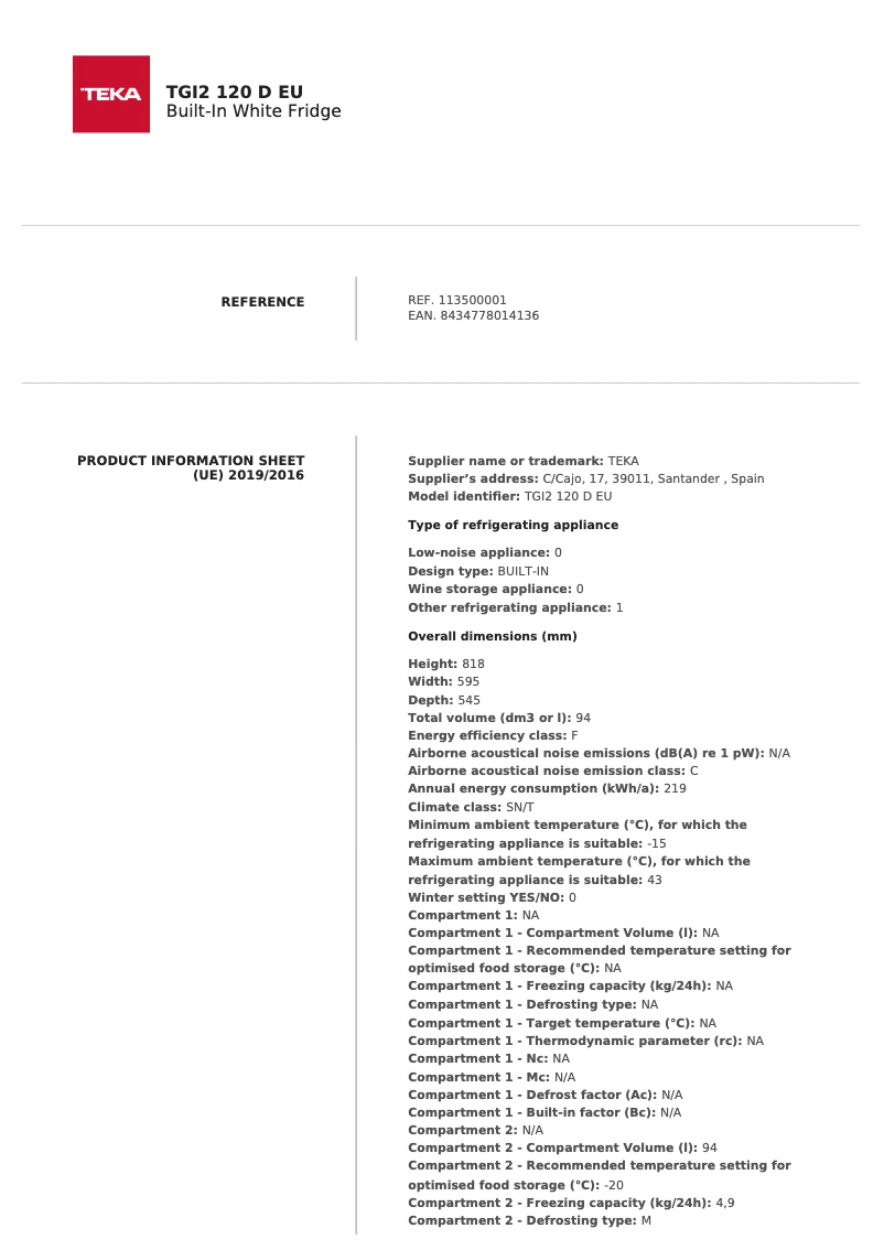 Page 1 de la notice Fiche technique Teka TGI2 120 D