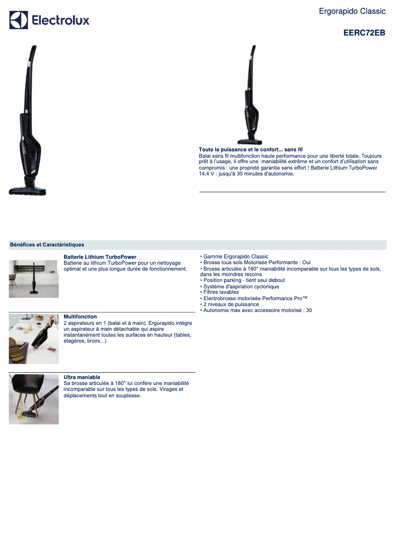 Page 1 de la notice Fiche technique Electrolux UltraCaptic EERC72EB