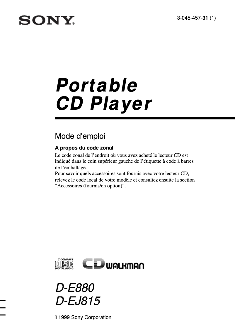 Image de la première page du manuel de l'appareil Discman D-E880