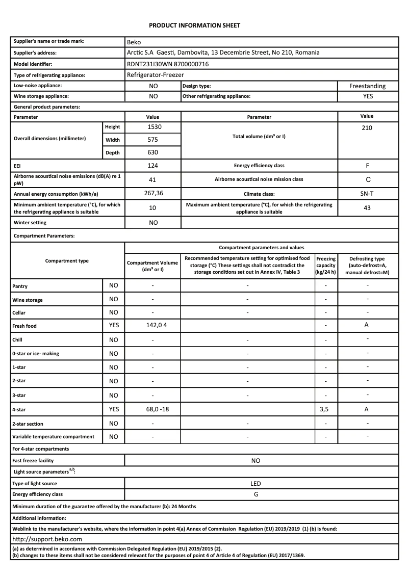 Page 1 de la notice Fiche technique Beko RDNT231I30WN
