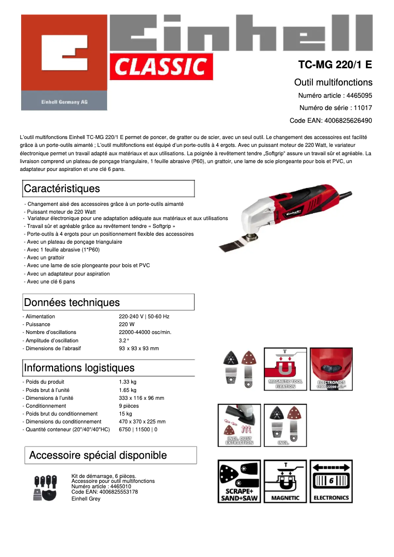 Page 1 de la notice Fiche technique Einhell TC-MG 220/1 E
