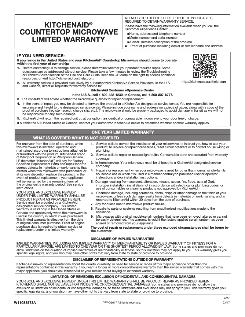 Page n°1 - Informations de garantie KitchenAid KMCS1016GBS