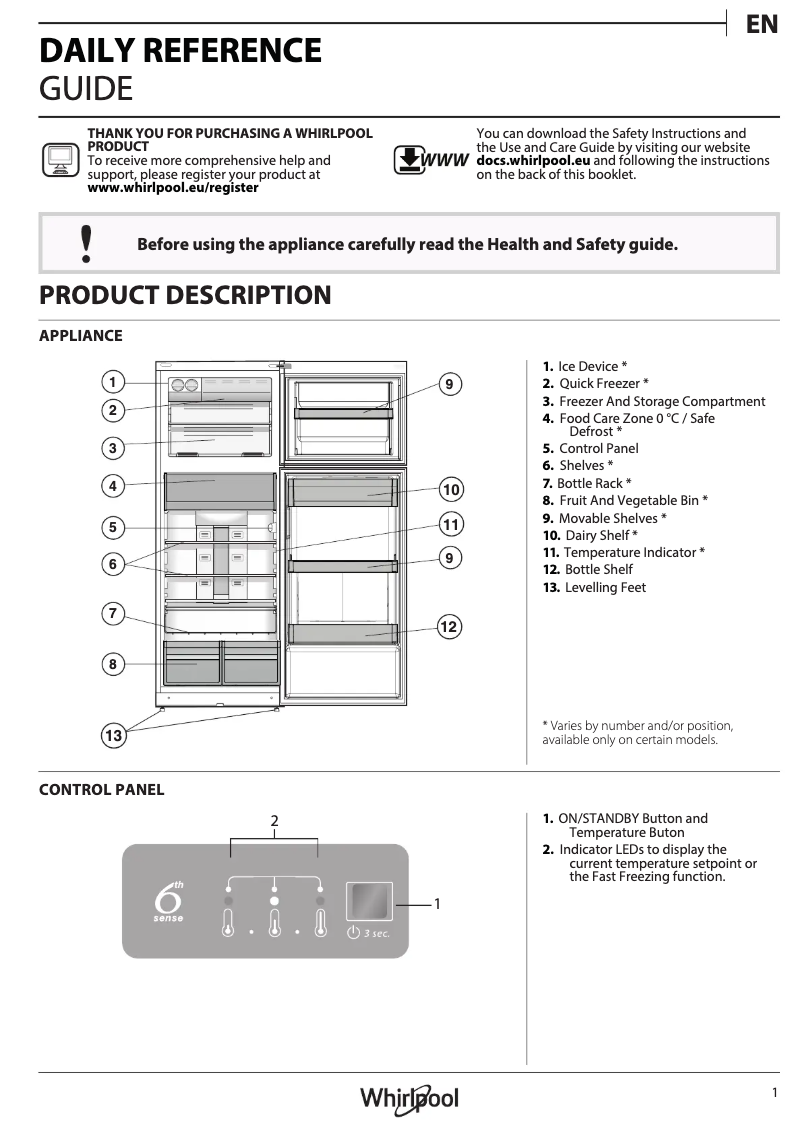 Page 1 de la notice Manuel utilisateur Whirlpool WT70I 831 W