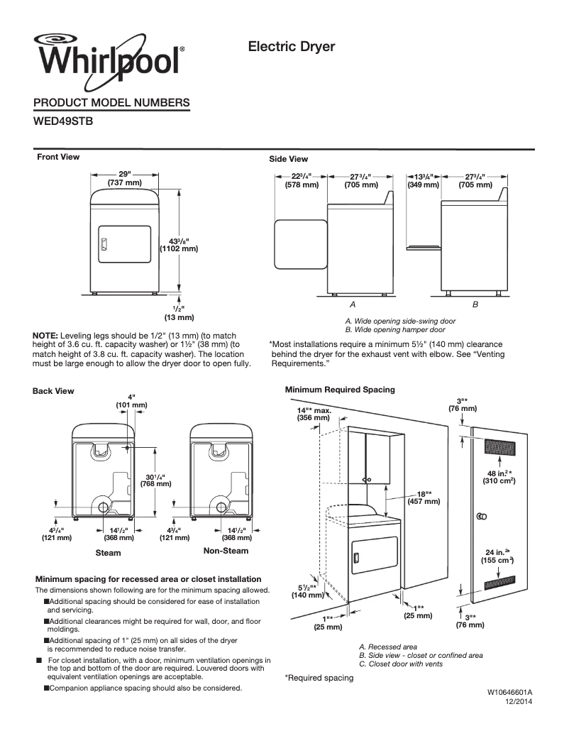 Page 1 de la notice Fiche technique Whirlpool WED49STB