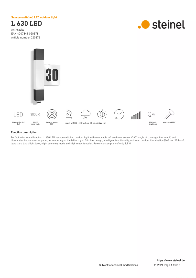 Page 1 de la notice Fiche technique Steinel L 630 LED