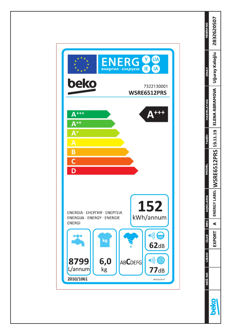 Page 1 de la notice Label énergétique Beko WSRE 6512 PRS