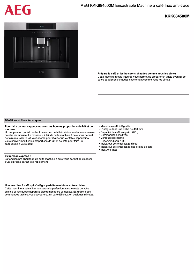 Page 1 de la notice Fiche technique AEG KKK884500M