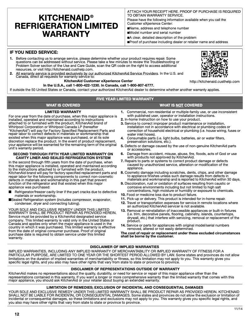 Page 1 de la notice Informations de garantie KitchenAid KURR204E