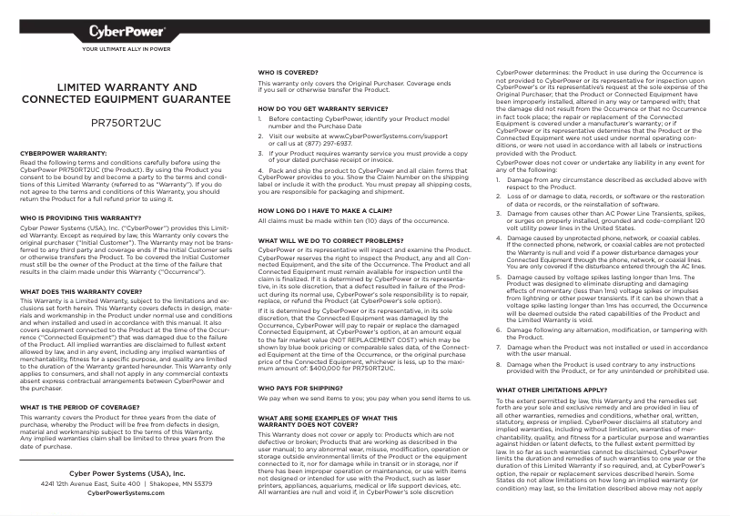 Page n°1 - Informations de garantie CyberPower Smart App PR750RT2UC