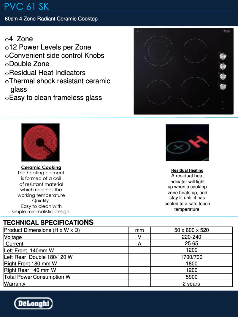 Page 1 de la notice Fiche technique DeLonghi PVC 61 SK