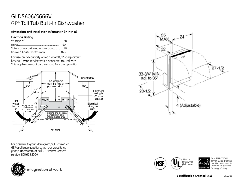 Page n°1 - Fiche technique GE GLD5606VCC