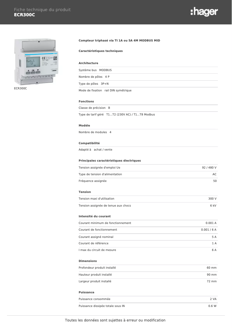 Página 1 del manual Ficha técnica Hager ECR300C