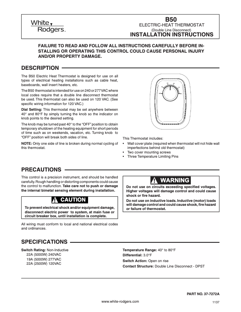 Page n°1 - Manuel utilisateur White Rodgers B50