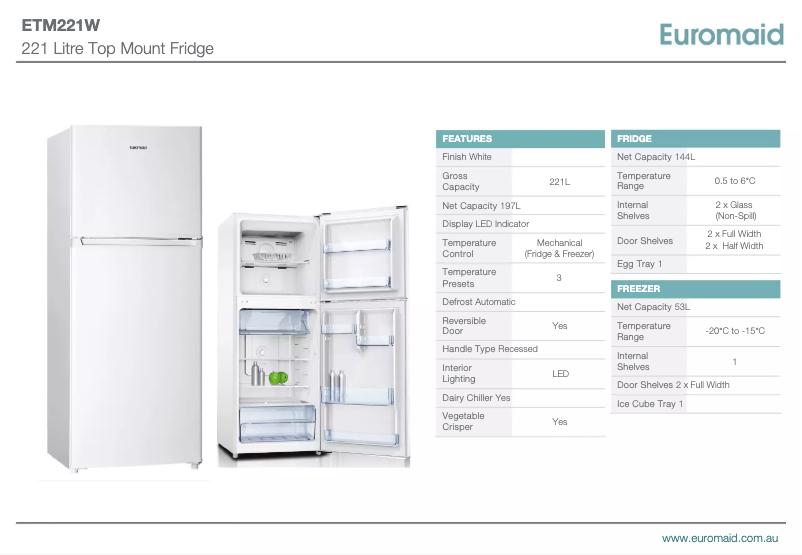 Page 1 de la notice Fiche technique Euromaid ETM221W
