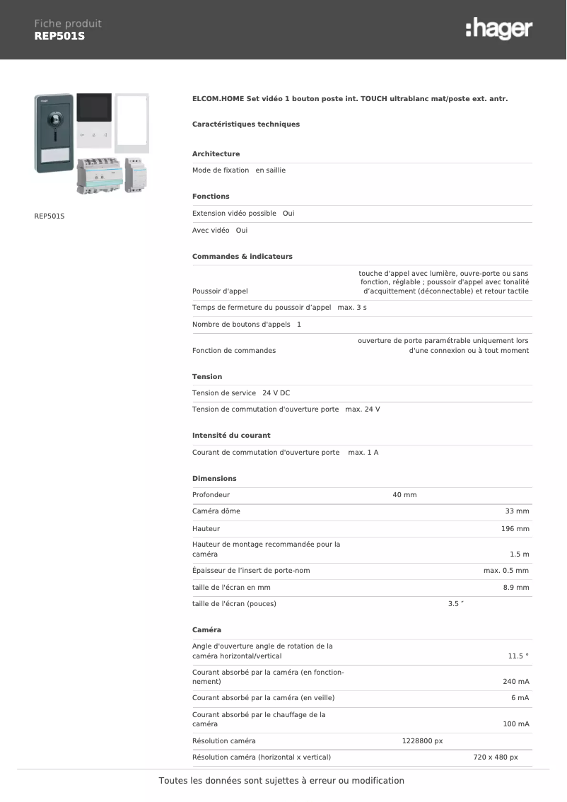 Page 1 de la notice Fiche technique Hager REP501S