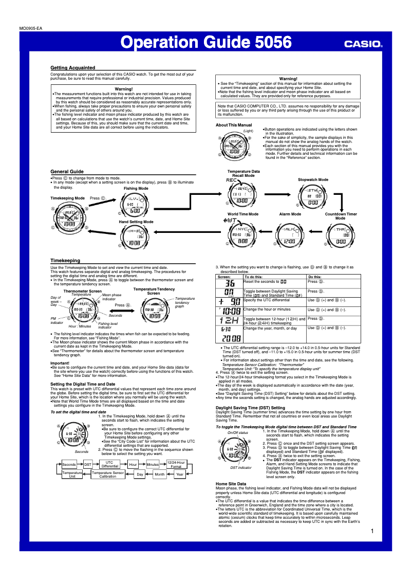 Page 1 de la notice Manuel utilisateur Casio Fishing Timer Ana Digital