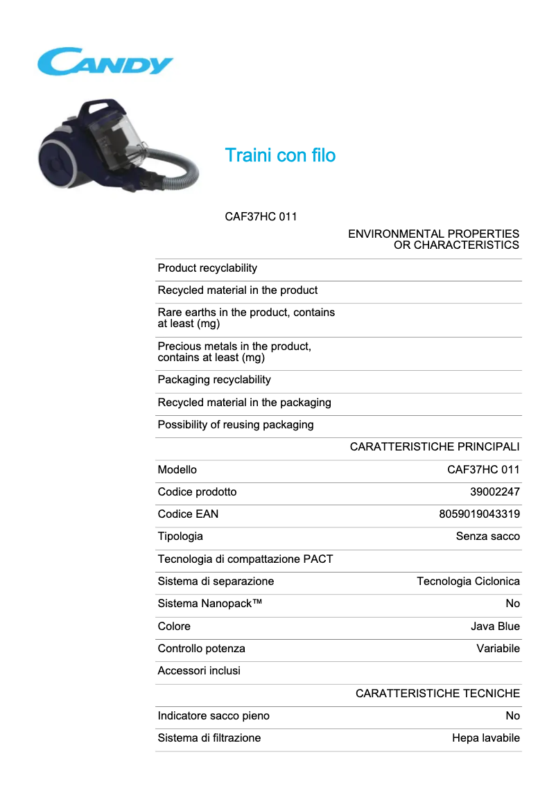 Page 1 de la notice Fiche technique Candy CAF37HC 011
