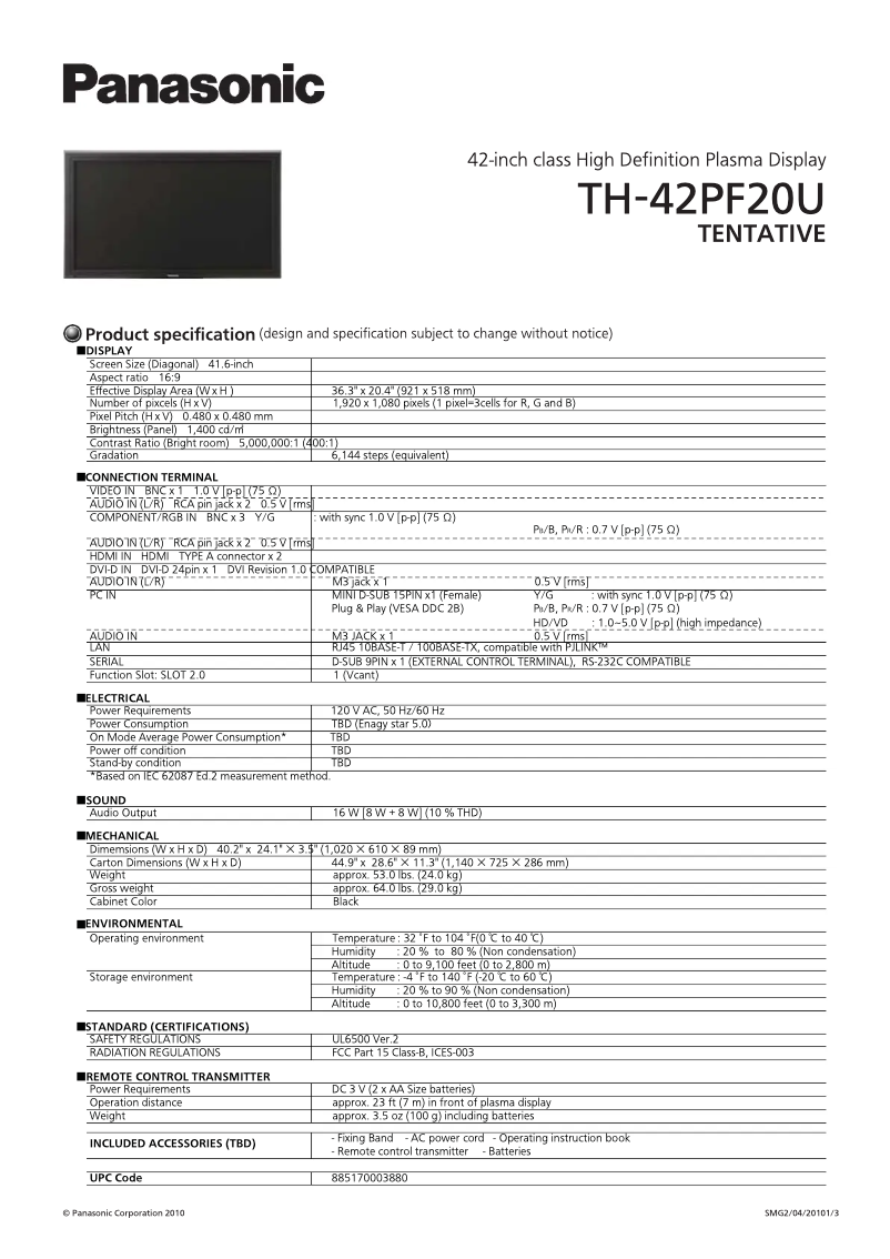 Page 1 de la notice Manuel utilisateur Panasonic TH-42PF20U