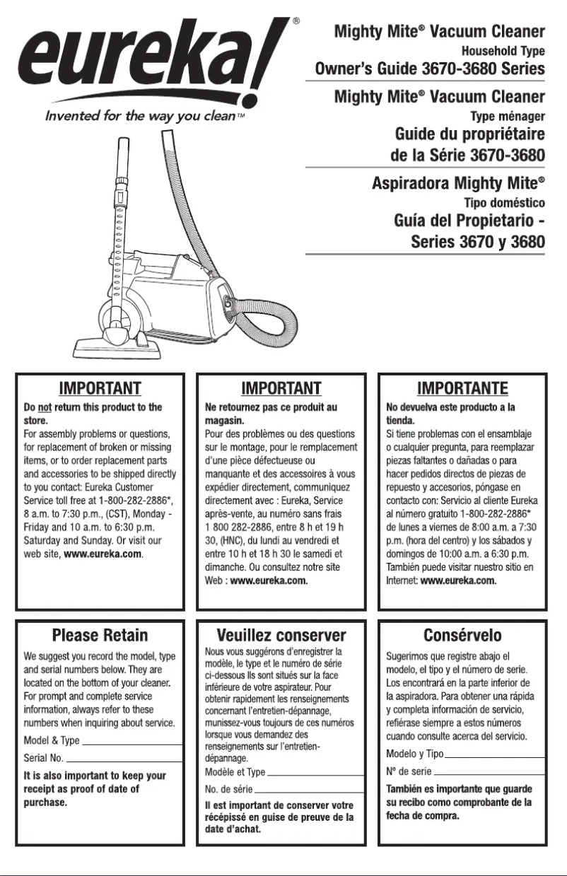 Page 1 de la notice Manuel utilisateur Eureka Mighty Mite 3670G