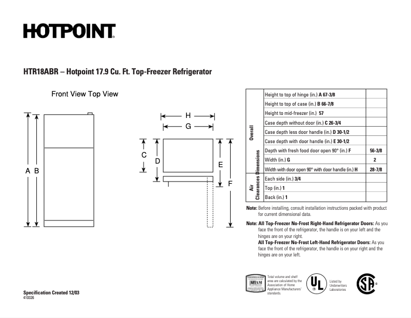 Page n°1 - Fiche technique Hotpoint HTR18ABRWW