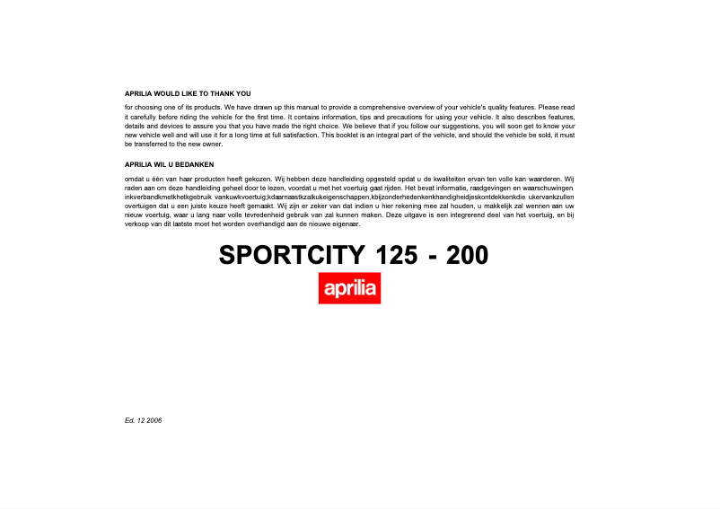 Page 1 de la notice Manuel utilisateur Aprilia Sportcity 200 (2006)
