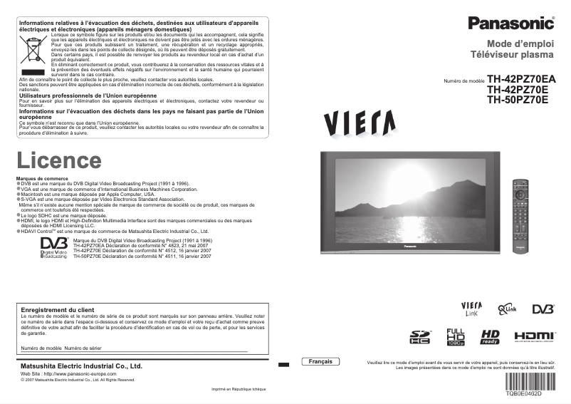 Page 1 de la notice Manuel utilisateur Panasonic Viera TH-42PZ70E