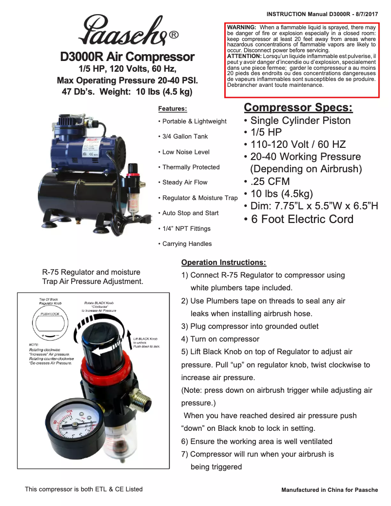 Page 1 de la notice Manuel utilisateur Paasche D3000R