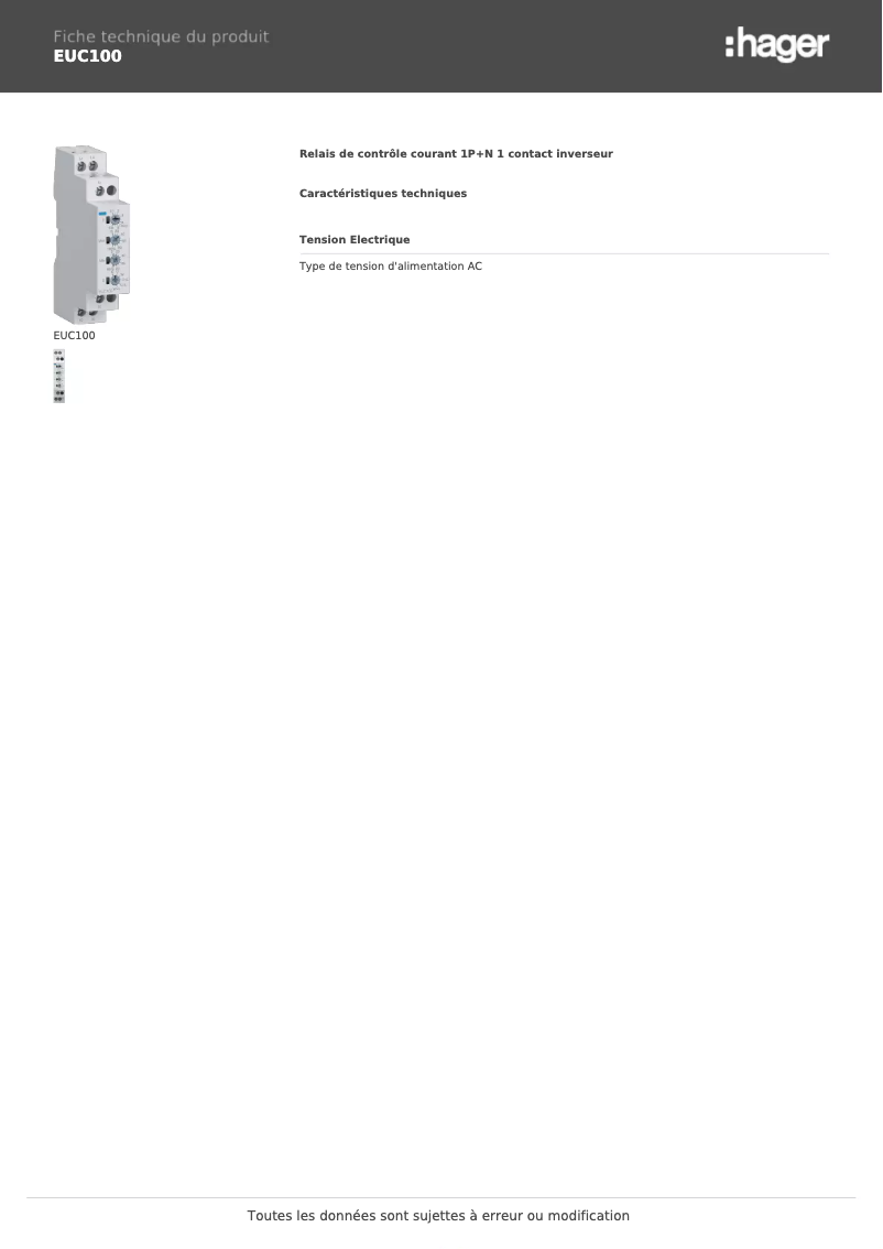 Page 1 de la notice Fiche technique Hager EUC100