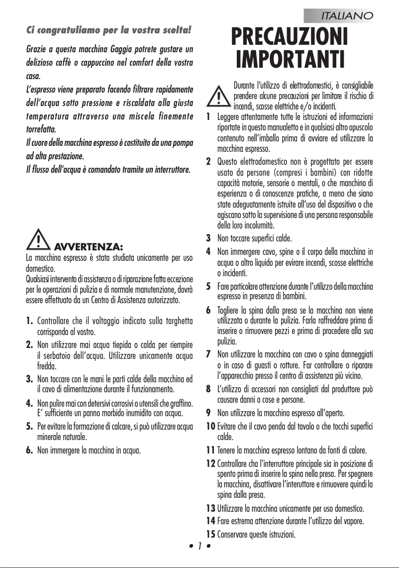 Page n°1 - Manuel utilisateur Gaggia Espresso Color
