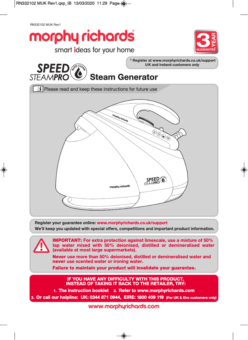 Page 1 de la notice Manuel utilisateur Morphy Richards Speed SteamPro 332102