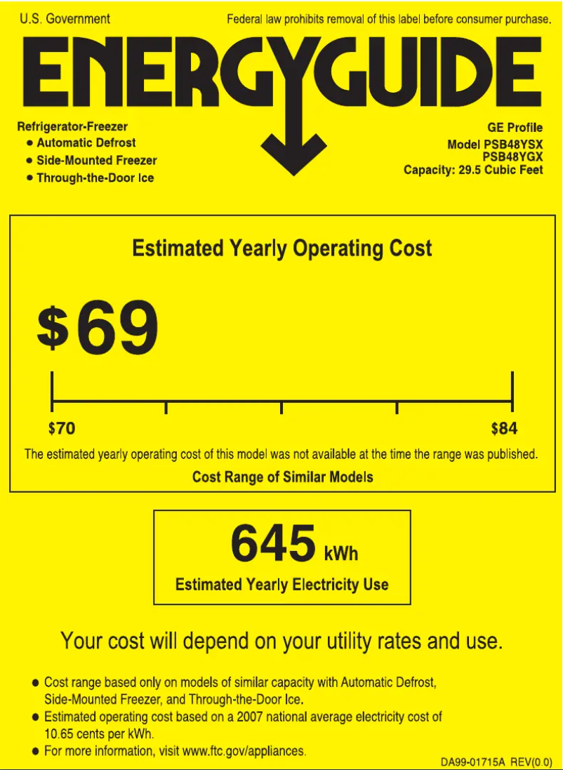 Page 1 de la notice Label énergétique GE PSB48YGXSV