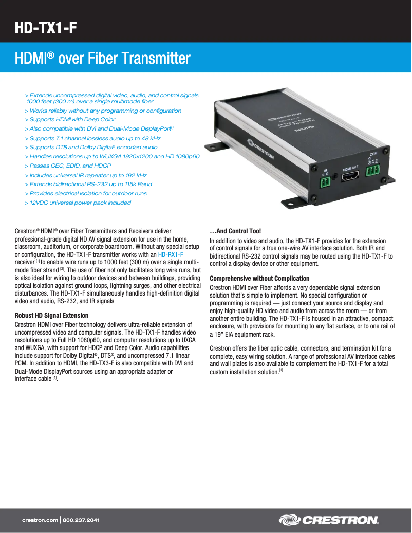 Page 1 de la notice Fiche technique Crestron HD-TX1-F