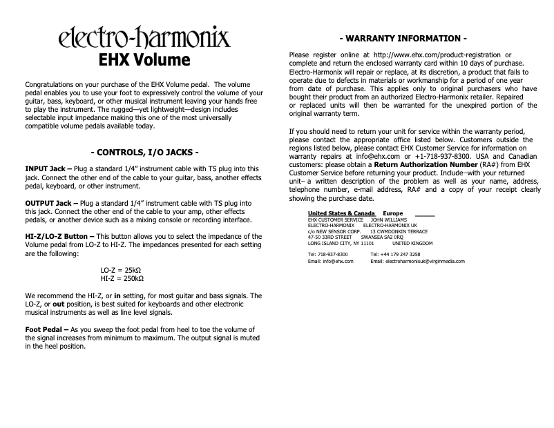 Image de la première page du manuel de l'appareil EHX Volume