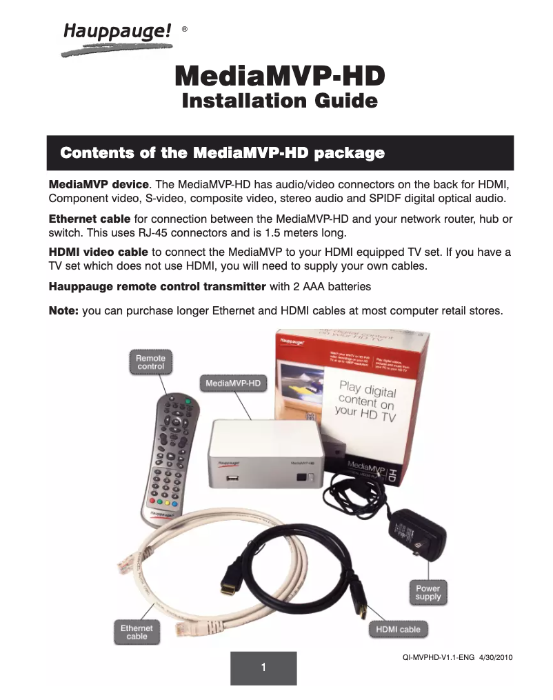 Page n°1 - Manuel utilisateur Hauppauge MediaMVP-HD